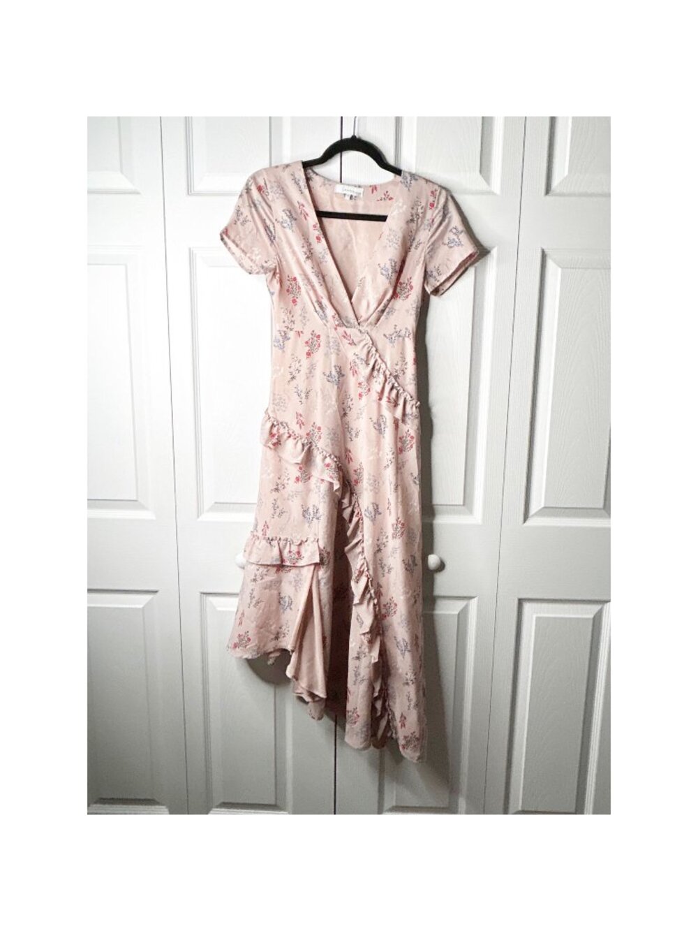 Louna Elizabeth Pink Floral Print Ruffle Asymmetrical Dress Women's Size X-Small